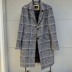 Sam Edelman XL Black/White Houndstooth Plaid Wool Longline Peacoat Coat
